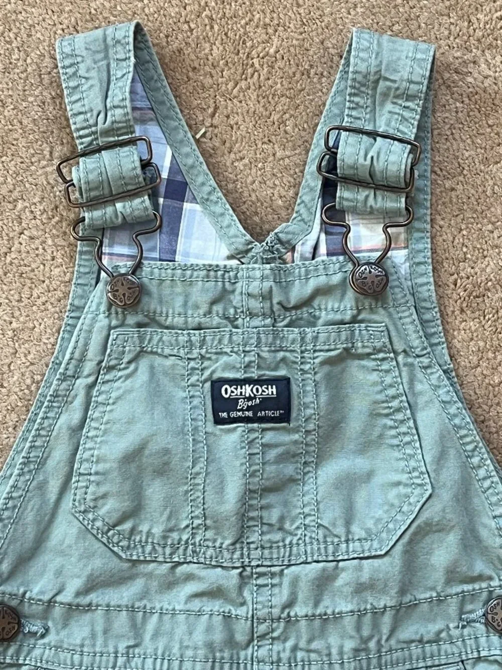 Oshkosh B'Gosh Youth Unisex 100% Cotton Green Overalls Plaid Lining Size 3T